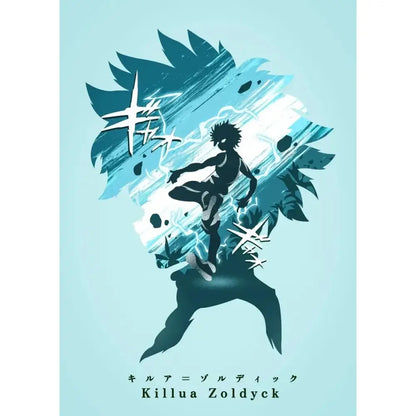 Stylized black killua silhouette with blue energy effects on hunter x hunter killua canvas poster wall decor