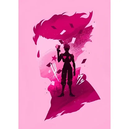Stylized killua canvas poster featuring vibrant pink flame hair and a card on a gradient pink hunter x hunter background