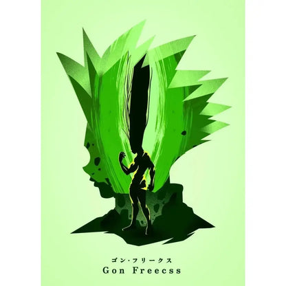 Stylized hunter x hunter killua canvas poster featuring gon freecss silhouette before a vibrant green portal wall decor