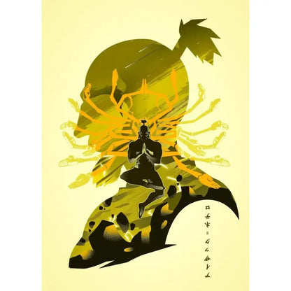 Stylized hunter x hunter killua canvas poster featuring a meditating figure with golden hands on a yellow background