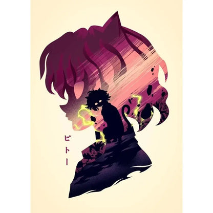 Stylized hunter x hunter killua canvas poster featuring a silhouette with vibrant purple and pink hair and an anime cat