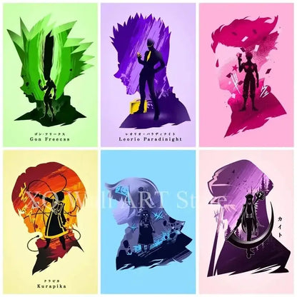 Six stylized anime character silhouettes on vibrant backgrounds in a hunter x hunter killua canvas poster wall decor