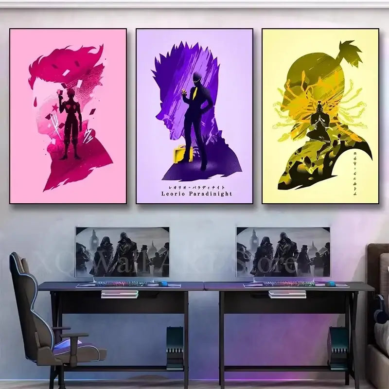 Three framed hunter x hunter killua canvas posters with vibrant pink purple and yellow stylized character silhouettes