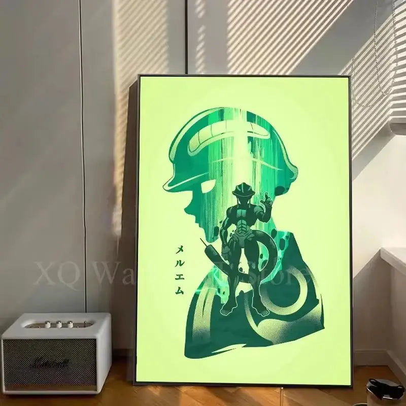 Vibrant lime-green framed hunter x hunter killua canvas poster featuring a stylized muscular anime character with glowing effects