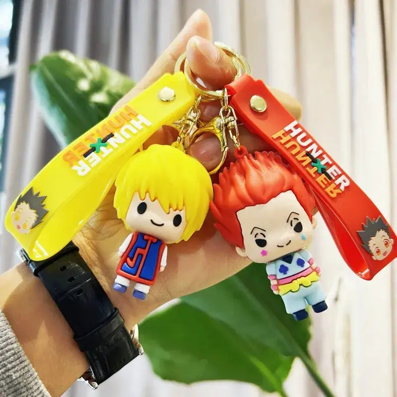 Yellow and red silicone hunter x hunter killua keychain resin pendant with chibi character and printed strap text