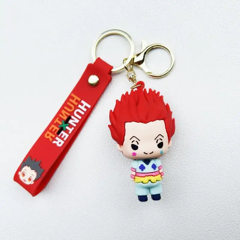 Red silicone hunter x hunter killua keychain resin pendant with spiky hair attached to matching strap with hunter branding