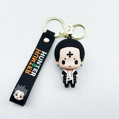 Black rubber hunter x hunter killua keychain resin pendant with chibi character in white outfit and blue earrings