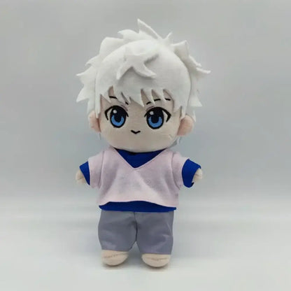 Hunter x hunter killua plush doll with white hair blue eyes in pink and navy shirt gray cotton stuffed 20cm toy