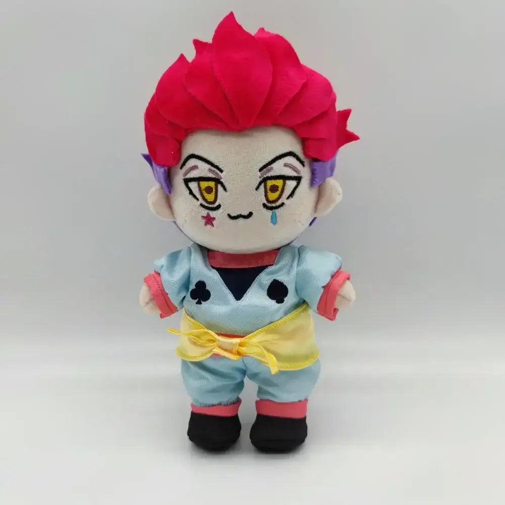 Hunter x hunter killua plush doll with red spiky hair yellow eyes star mark cotton stuffed in light blue attire