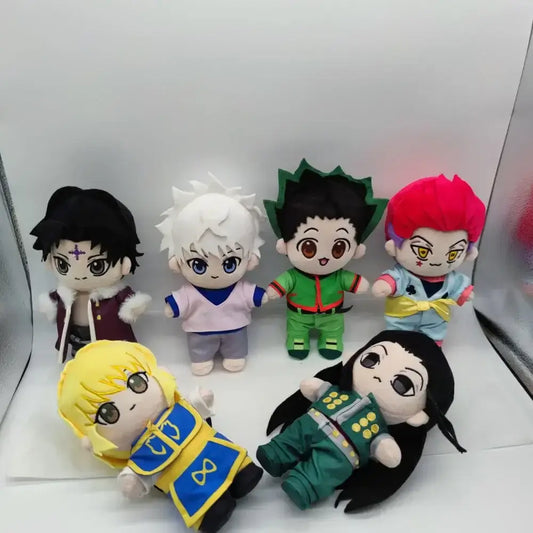 Six hunter x hunter plush dolls with cotton stuffed anime designs in black white green red blonde and colorful outfits
