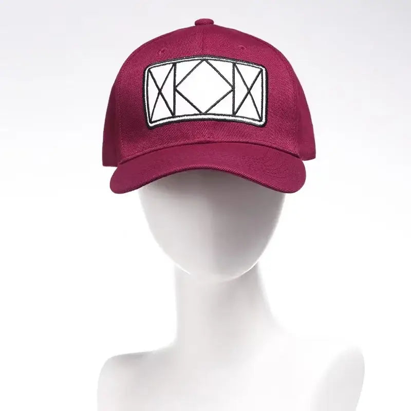 Maroon hunter x hunter killua zoldyck baseball cap with white embroidered geometric logo patch adjustable fit