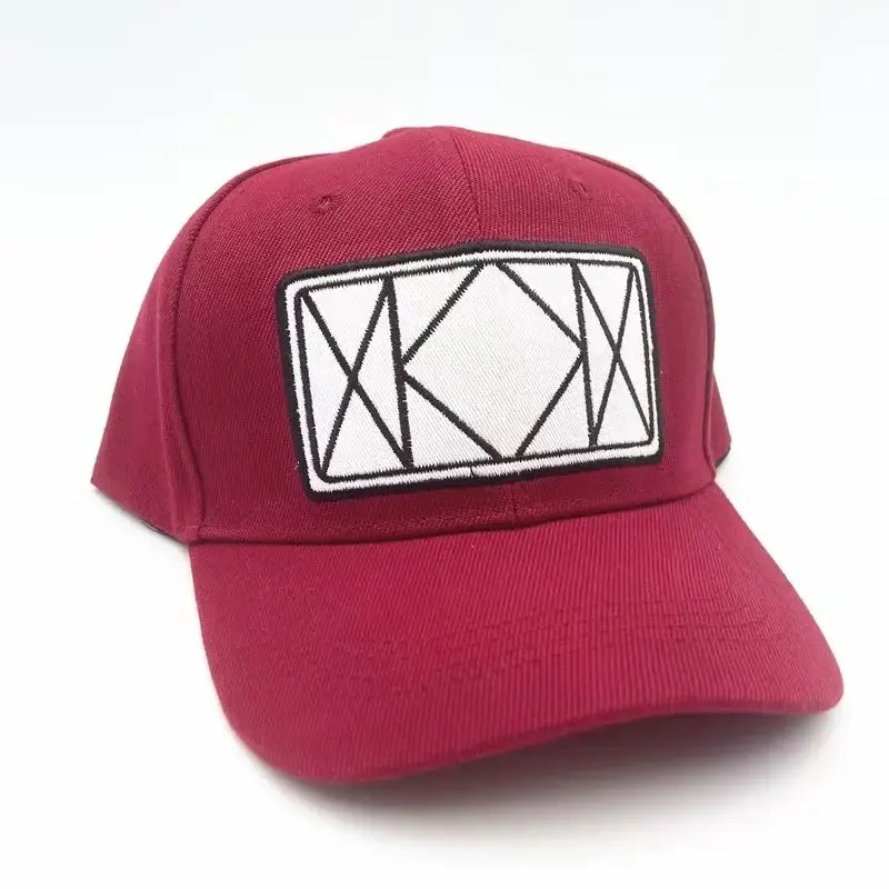 Hunter x hunter killua zoldyck baseball cap maroon with white patch and black geometric embroidery adjustable fit