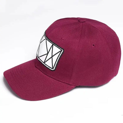 Maroon hunter x hunter killua zoldyck baseball cap with embroidered adjustable white geometric patch and black stitching
