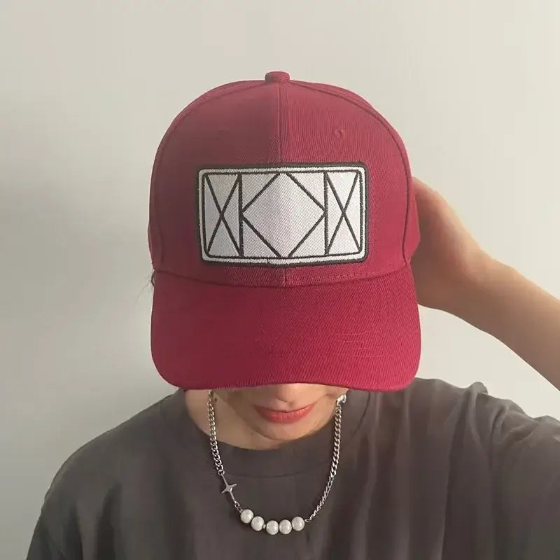 Hunter x hunter killua zoldyck baseball cap maroon with white embroidered geometric patch and adjustable strap