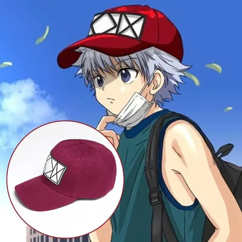 Maroon hunter x hunter killua zoldyck baseball cap with white embroidered geometric emblem and adjustable strap