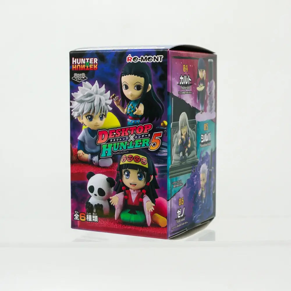 The box contains six colorful hunter x hunter killua zoldyck blind box collectible desktop figurines by re-ment