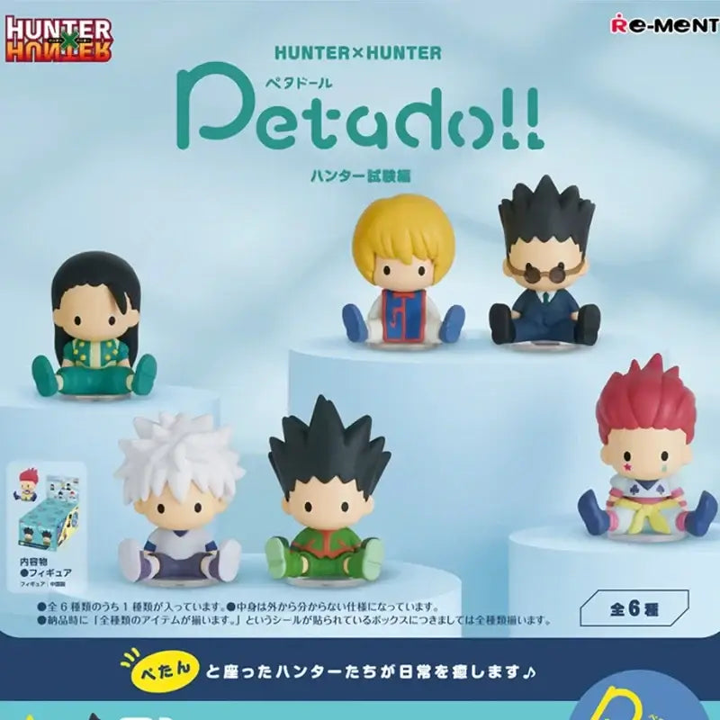 Six vibrant hunter x hunter petadoll figurines including killua zoldyck in a blind box with colorful anime designs