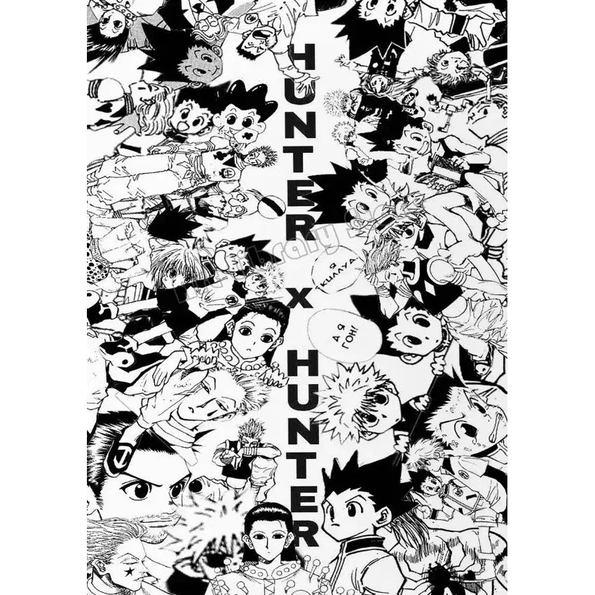 Black and white hunter x hunter canvas poster featuring bold vertical title and character collage wall art for fans