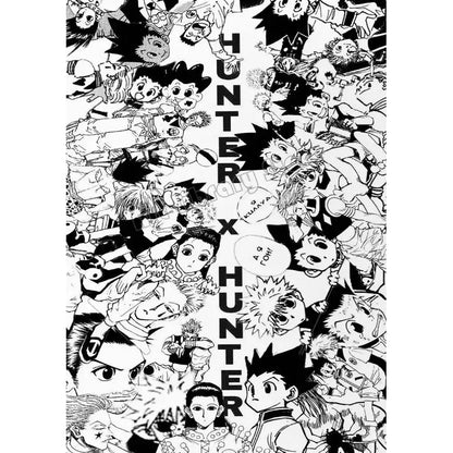 Black and white hunter x hunter canvas poster featuring bold vertical title and character collage wall art for fans