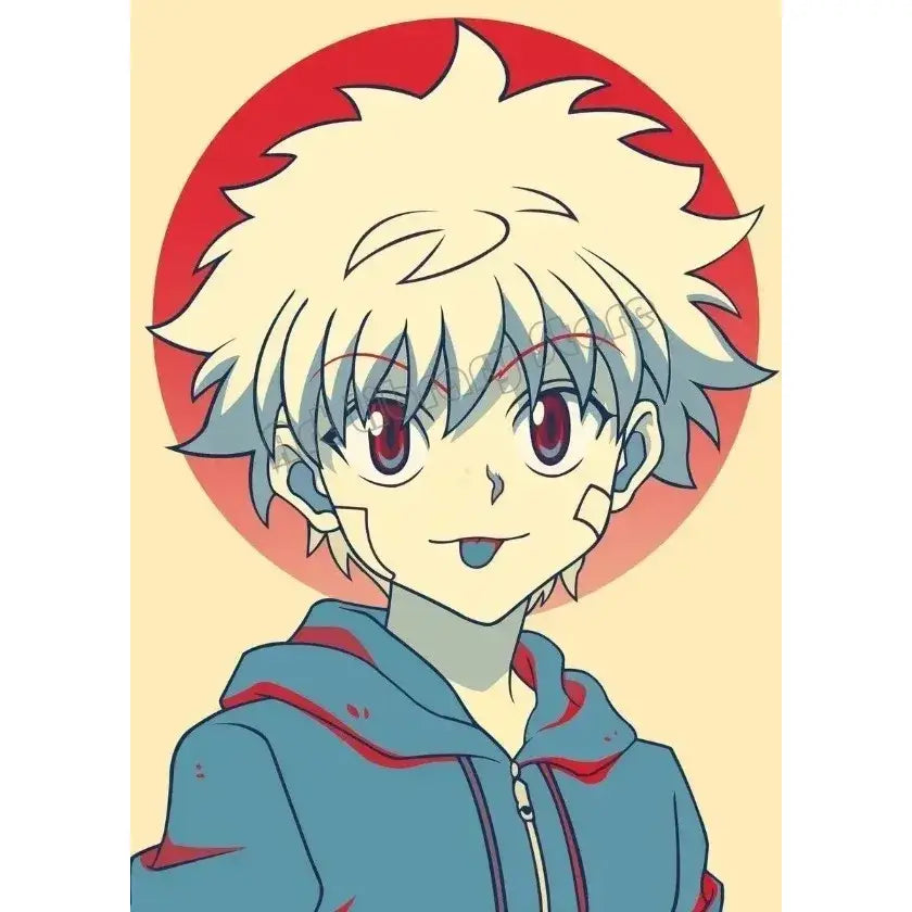 Hunter x hunter killua zoldyck canvas poster featuring cartoon character with spiky white and light blue hair red eyes wall art