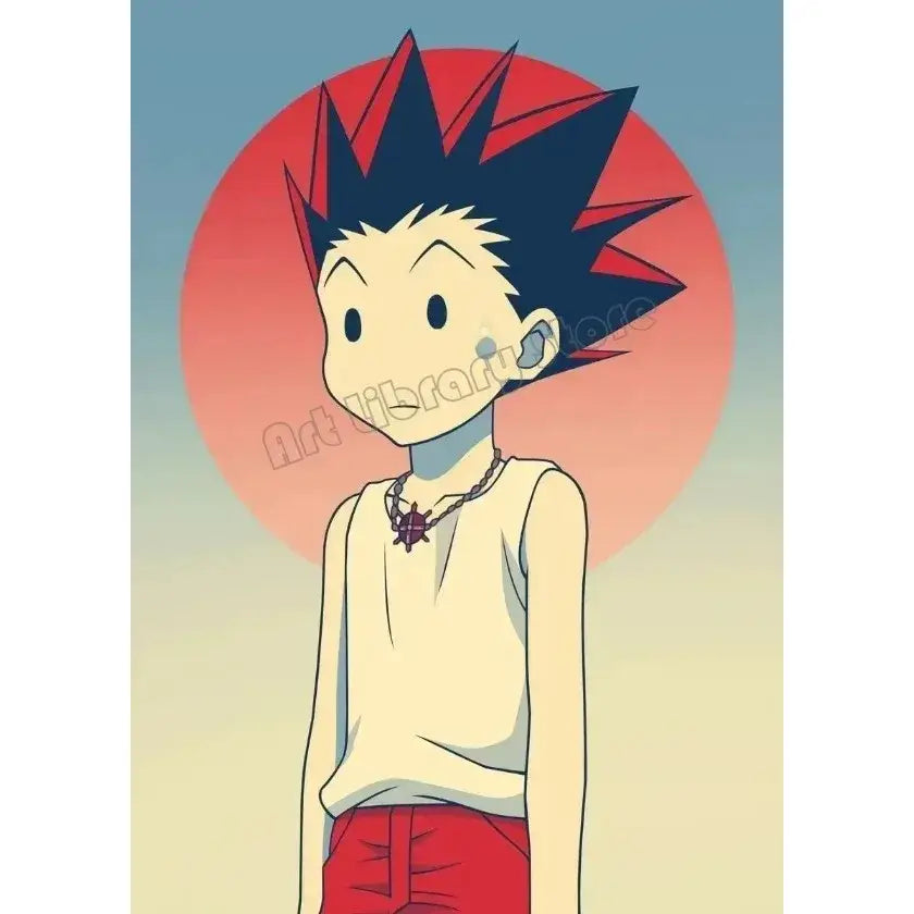 Hunter x hunter canvas poster wall art featuring a cartoon character with spiky black and red hair wearing a star necklace
