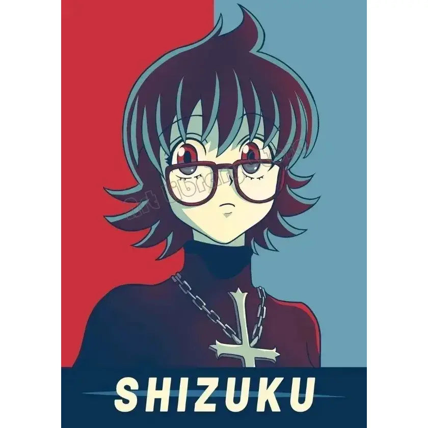 Stylized anime character shizuku with short dark hair teal highlights and black-rimmed glasses on hunter x hunter canvas poster wall art