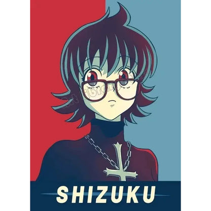 Stylized anime character shizuku with short dark hair teal highlights and black-rimmed glasses on hunter x hunter canvas poster wall art