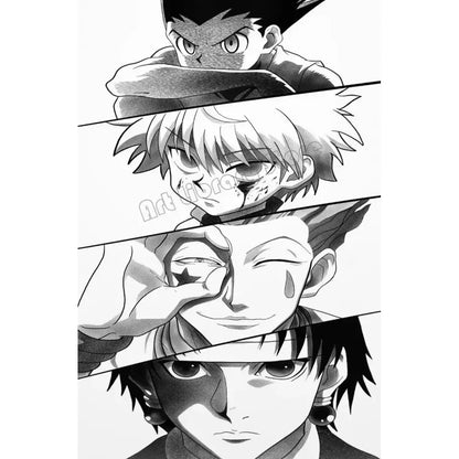 Black-and-white hunter x hunter canvas poster featuring four anime characters with varied expressions for wall art