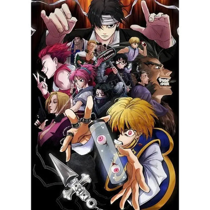 Vibrant hunter x hunter canvas poster featuring dynamic characters and iconic weapons for wall art display