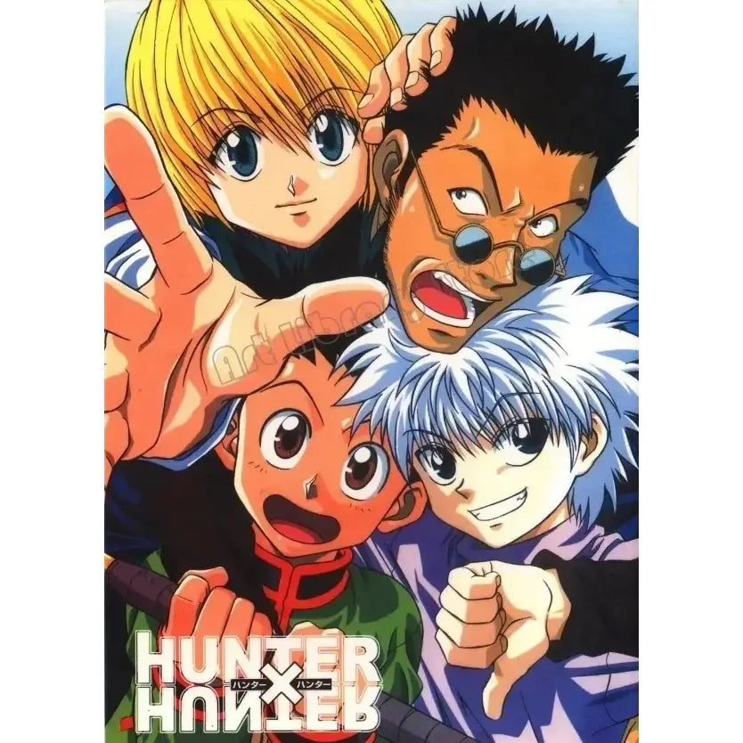 Hunter x hunter canvas poster features four main characters including blonde boy peace sign and orange surprised boy wall art