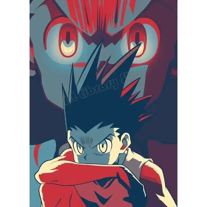Hunter x hunter canvas poster featuring a stylized anime character with spiky black hair and yellow eyes in red top wall art