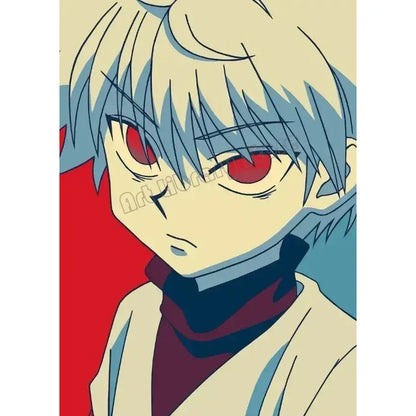 Hunter x hunter canvas poster featuring stylized killua zoldyck with silver blue hair and red eyes wall art