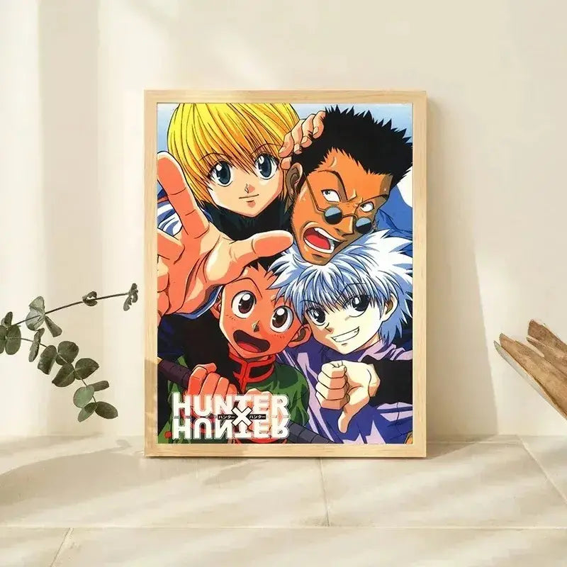 A hunter x hunter canvas poster featuring killua zoldyck and three characters in vibrant colors with light wood frame wall art