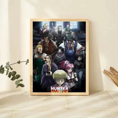 A hunter x hunter canvas poster featuring killua zoldyck in a dramatic group scene framed in light wood wall art