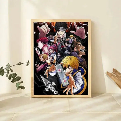 A framed hunter x hunter killua zoldyck canvas poster featuring vibrant wall art with dynamic character collage on dark background