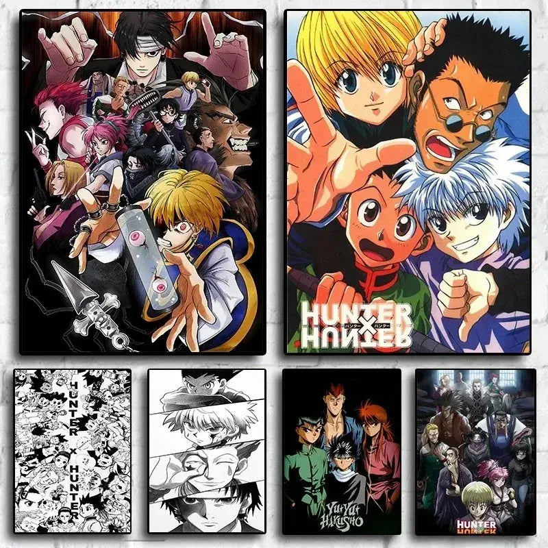 Set of five vibrant hunter x hunter canvas posters featuring killua zoldyck characters for anime wall art
