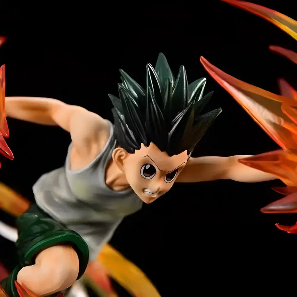 Limited edition hunter x hunter killua zoldyck figure with black spiky hair gray tank top and fiery orange energy effects