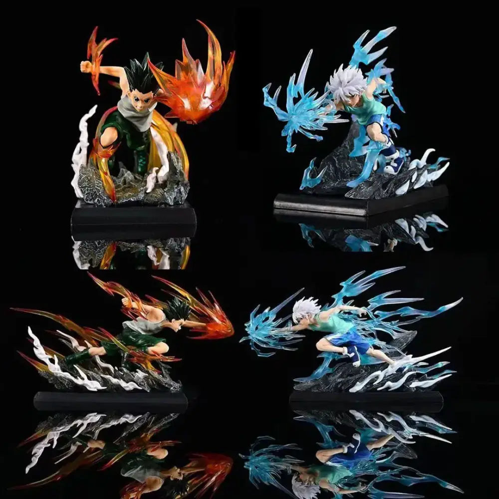 Hunter x hunter killua zoldyck limited edition anime figurines with fiery and icy energy effects in green and blue attire
