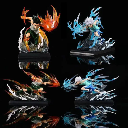 Hunter x hunter killua zoldyck limited edition anime figurines with fiery and icy energy effects in green and blue attire