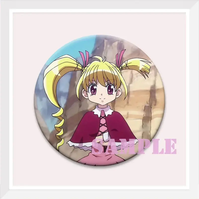 Circular hunter x hunter kurapika brooch pin featuring an anime girl with blonde pigtails and a maroon cape