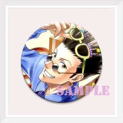 Circular hunter x hunter kurapika brooch pin featuring anime character with spiky black hair holding green sunglasses