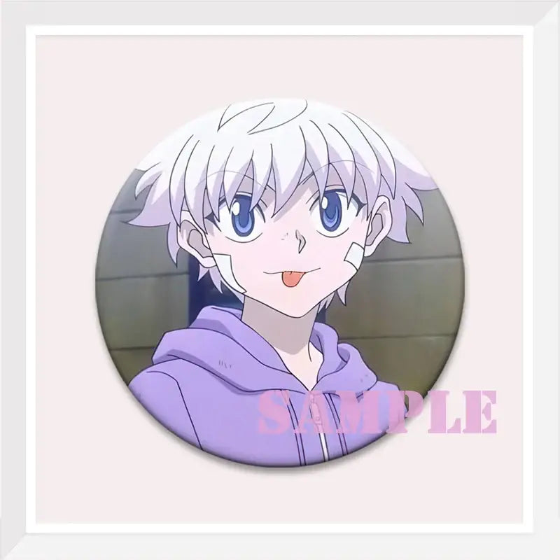 Hunter x hunter kurapika brooch pin featuring silver-haired anime character in a purple hoodie on a round badge