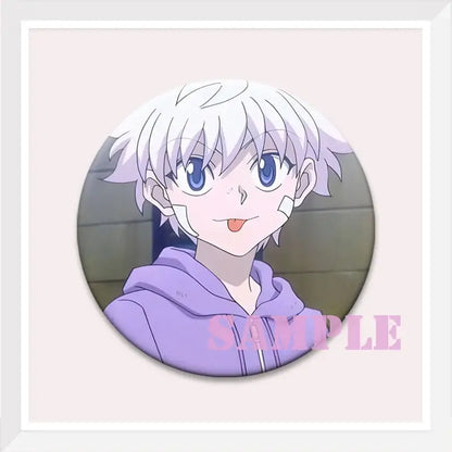 Hunter x hunter kurapika brooch pin featuring silver-haired anime character in a purple hoodie on a round badge