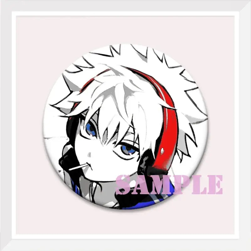 Hunter x hunter kurapika brooch pin featuring a round button with spiky white hair and blue eyed anime character