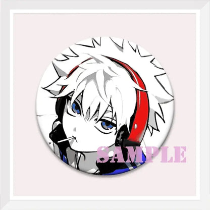 Hunter x hunter kurapika brooch pin featuring a round button with spiky white hair and blue eyed anime character