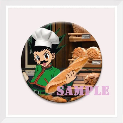 Hunter x hunter kurapika brooch pin circular button with cartoon chef in green uniform holding baguette bakery backdrop
