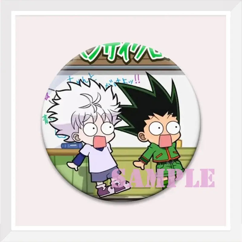 Circular hunter x hunter kurapika brooch pin featuring two anime characters with white and green spiky hair