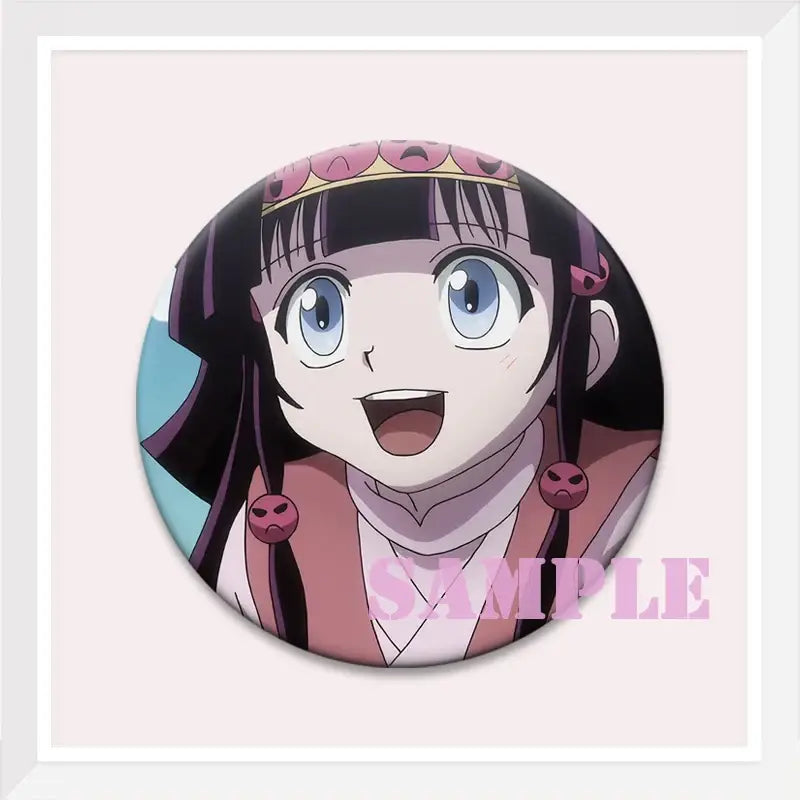 Circular hunter x hunter kurapika brooch pin featuring an anime character with black hair blue eyes and pink crown details