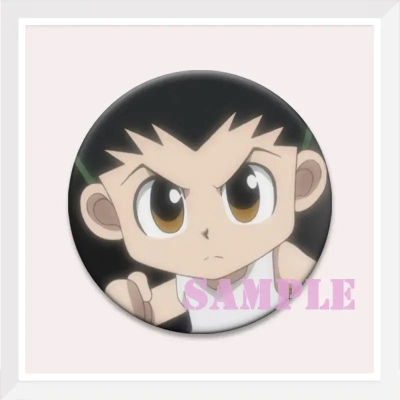 Black and white hunter x hunter kurapika brooch pin featuring a round button with spiky hair and determined expression