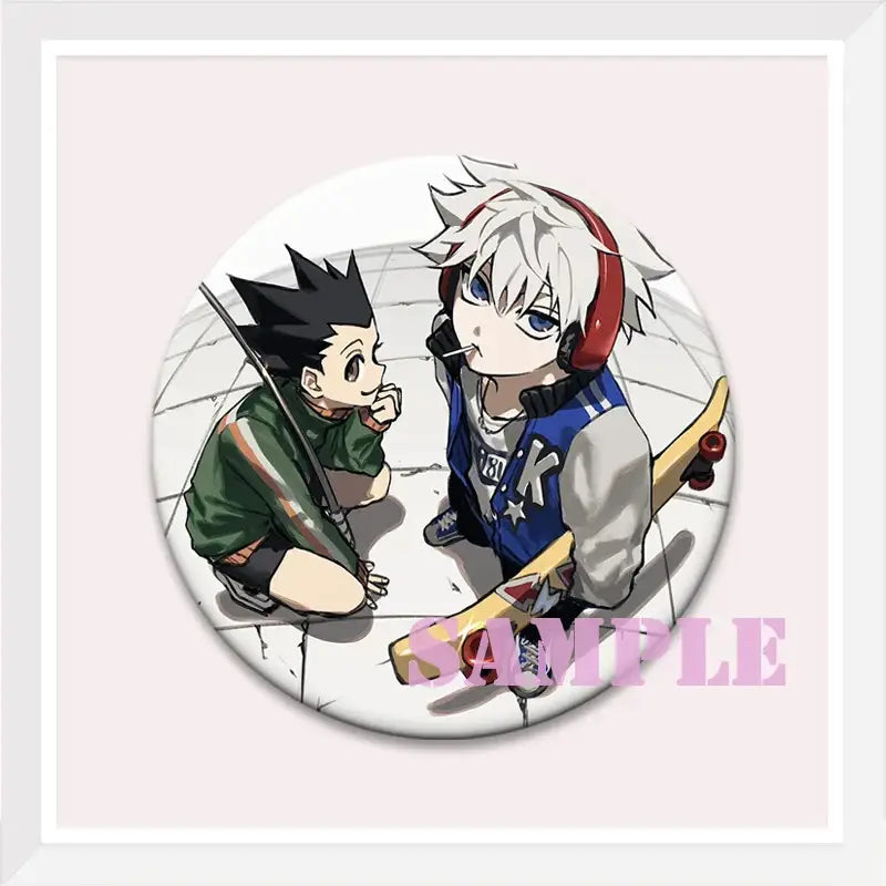 Circular hunter x hunter kurapika brooch pin featuring two anime characters with black spiky hair and white hair